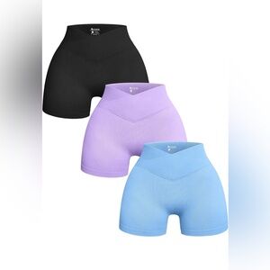 3 Piece Yoga Shorts Ribbed Seamless Workout High Waist Cross Over Athletic
